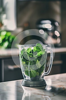 Blender pitcher filled with fresh spinach on a kitchen counter., Generated AI