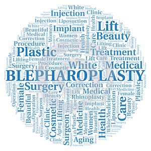 Blepharoplasty typography word cloud create with the text only. Type of plastic surgery