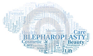 Blepharoplasty typography word cloud create with the text only. Type of plastic surgery