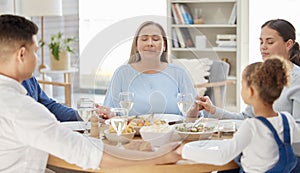 Bless the hands that prepared the meal. a beautiful family blessing the food with a prayer at the table together at home