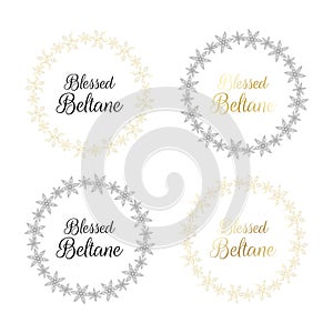 Blessed Beltane inscription in esoteric circle, round frame.