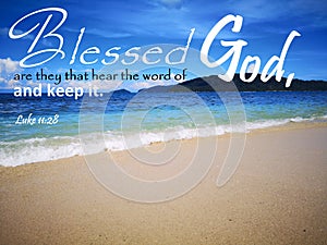 Blessed are they that hear the word of God with background ocean view and a lady look up to the sky design for Christianity.