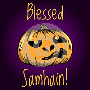 Blessed Samhain greeting card. Halloween banner or poster