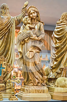 Blessed Virgin Mary with the baby Jesus Christ in her arms. Statuette in Bethlehem