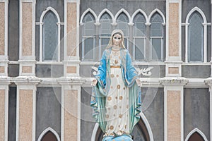 The Blessed Virgin Mary statue standing in front of The Roman Catholic Diocese.