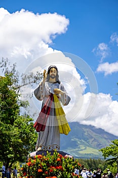 Blessing Jesus Christ in Cagsawa Ruins in front of Mayon Volcano, Cagsawa Ruins Park photo