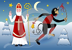 Blessing Saint Nicholas in traditional white clothing with cross, miter, a crosier.