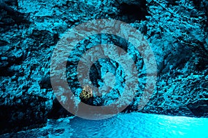 Bleu cave in Croatia, Croatian wonder, landmark. inside of the Blue cave, Bisevo island, light of blue color from water