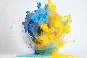blew up colorful paints splashes in yellow and blue colors