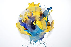 blew up colorful paints splashes in yellow and blue colors photo