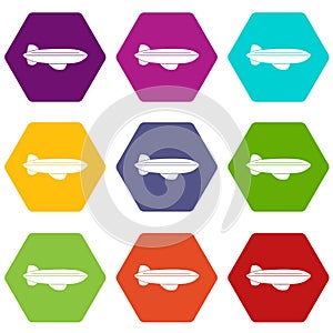 Blimp aircraft flying icon set color hexahedron