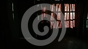 Blind Asian Woman dancing with the red curtain as a property in anger