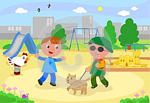 Blind boy meeting a friend at the playground, cartoon vector