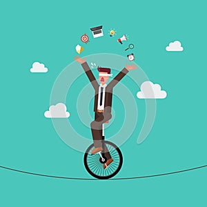 Blind businessman riding unicycle on a wire