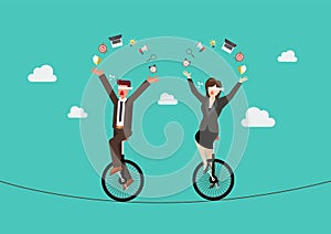 Blind businessman and woman riding unicycle on a wire
