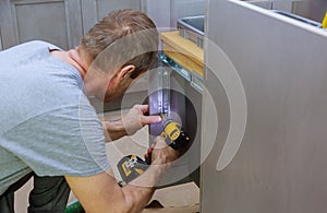 Blind cabinet and drawers garbage bin counter cabinets in the kitchen installed