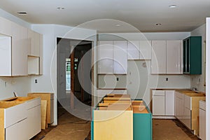 Blind corner cabinet, island drawers and counter cabinets installed