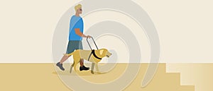 Blind Disabled Person with Guide Dog, Mobility on Stairs, Flat Vector Stock Illustration with Indoor for Inclusive Person with