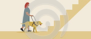 Blind Disabled Person With Guide Dog, Mobility On The Stairs, Flat Vector Stock Illustration With Indoor For Inclusive Person On