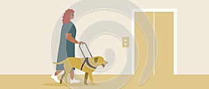 Blind Disabled Person with Pooper Dog, Flat Vector Stock Illustration with Visually Impaired Person and Building for Inclusive