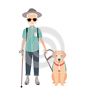 Blind man. Colorful image featuring visually impaired elderly with guide dog on white background. Flat vector cartoon