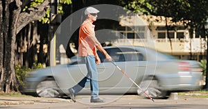 Blind Man Crossing The Road With Cars And Traffic