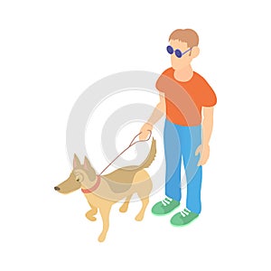 Blind man with guide dog icon, cartoon style