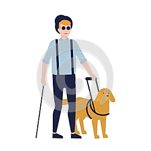 Blind man and guide dog isolated on white background. Guy with blindness, visual impairment or vision loss and service