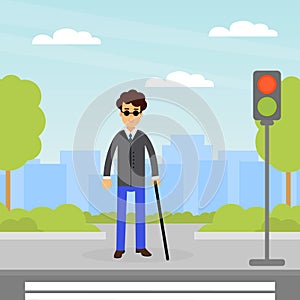 Blind Man Holding Cane Crossing the Street Vector Illustration