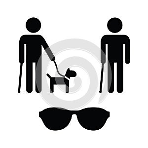 Blind man icons set - with guide dog, cane photo