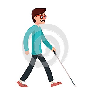 Blind man stick disabled confident gait walking character walk cartoon flat design design vector illustration