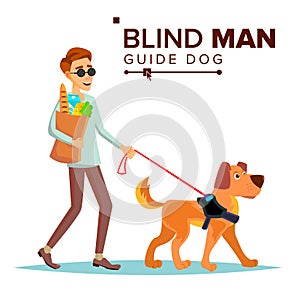 Blind Man Vector. Person With Pet Dog Companion. Blind Person In Dark Glasses And Guide Dog Walking. Cartoon