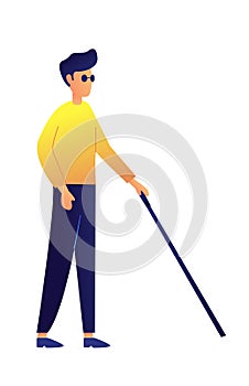 Blind man walking with stick vector illustration.