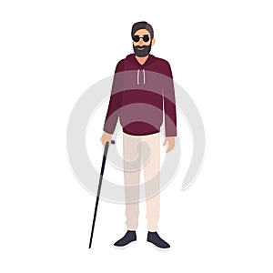 Blind man wearing sunglasses and holding cane isolated on white background. Male character with blindness, visual