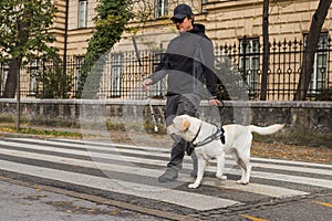 Blind pedestrian walking with a guide dog and crossing a street