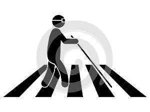 Blind Person on Crosswalk with White Cane Stick and Glasses. Black Illustration Isolated on a White Background. EPS Vector photo