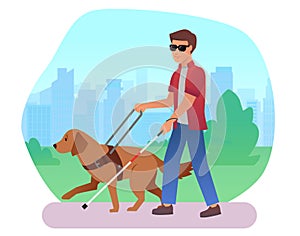 Blind person with guide dog and walking stick