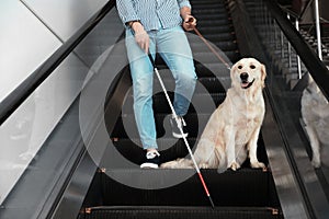 Blind person with long cane and guide dog on escalator