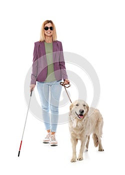 Blind person with long cane and guide dog on white