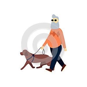 Blind senior with guide dog. Old man impaired vision. Elderly person with blindness on walk.