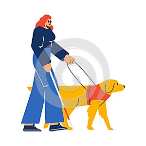 Blind woman with guide dog with harness flat vector illustration isolated.