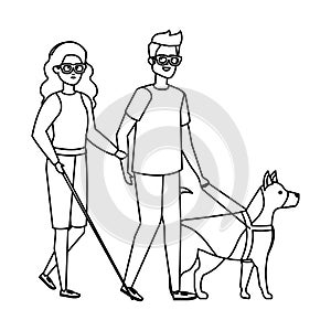 Blind woman with helper and guide dog