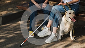 Blind woman sitting on bench with guide dog and pregnant friend.