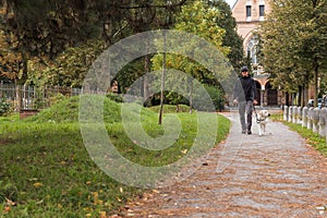 Blind woman taking a walk in a city park with her trained guide dog