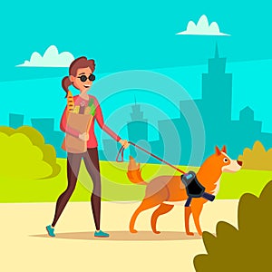 Blind Woman Vector. Young Person With Pet Dog Helping Companion. Disability Socialization Concept. Blind Female And