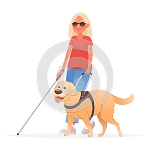 Blind woman on a walk with a guide dog on a white background. People with disabilities