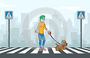 Blind Woman Walking with Guide Dog Crossing Street along Zebra. Special Trained Animal Helping to Disabled Character