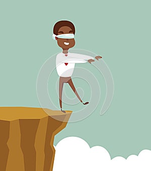 Blindfolded black african american businessman walk to the cliff. Business concept