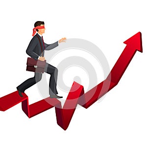 Blindfolded man going up on red arrow vector illustration