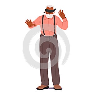 Blindfolded Senior Man Character Extends His Hands Tentatively, Relying On Touch To Navigate, Vector Illustration